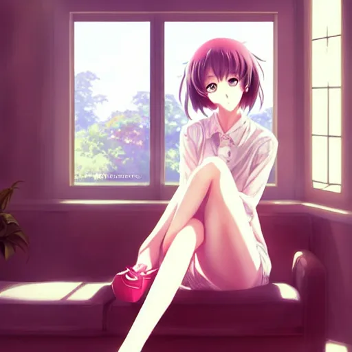Image similar to anime beautiful girl sits on the sofa and listens to music, the sun shines through the window, clear face, beautiful body, dream light, highly detailed, 8 k, pixiv, in style of kyoto animation, art by cushart krenz