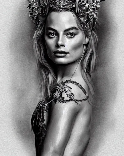 Image similar to realism tattoo sketch of margot robbie as a beautiful greek goddess aphrodite with piercing eyes wearing a laurel wreath and triangle earrings, in the style of greg rutkowski, amazing detail, confident