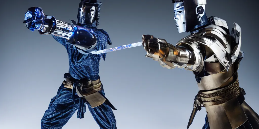 Prompt: a photo of cyborg samurai slashing a training dummy with a blue katana, futuristic, holographic, 8k, sharp focus, fujifilm