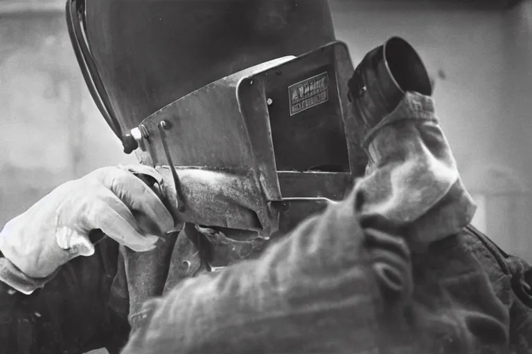 Image similar to close-up of Welder in welding mask in a subway, by Richard Avedon, tri-x pan stock