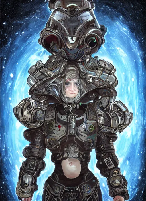 Image similar to of a hyper _ realistic _ proportional _ stylization _ portrait _ of _ a _ techpunkk _ war _ cleric _ in _ a _ futuristic _ pearl _ armor _ full _ of _ astral _ runes _ the _ backgro.