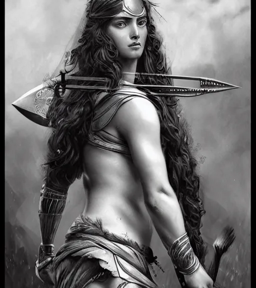 Image similar to beautiful young aphrodite goddess as an archer warrior, realistic face, beautiful eyes, black and white drawing, in the style of greg rutkowski, fantasy, amazing detail, epic, intricate, elegant, smooth, sharp focus