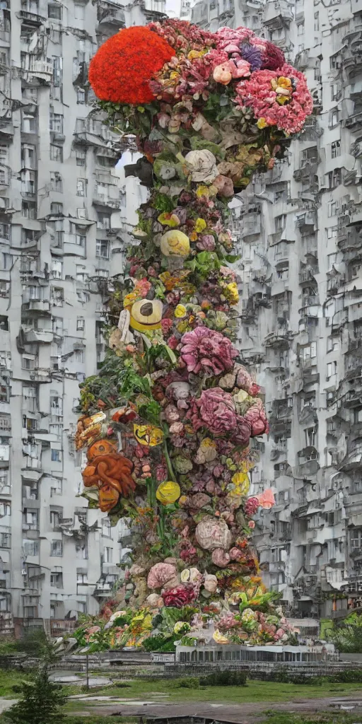 Image similar to giant grotesque flower in the middle of abandoned post soviet constructivist cityscape, Stalinist architecture, ultradetailed by Hayao Miyazaki and Josan Gonzalez and Makoto Shinkai and Giuseppe Arcimboldo and Wes Anderson