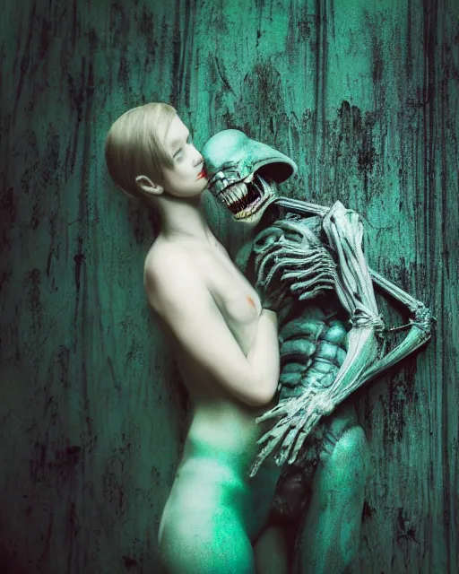 Image similar to xenomorph hugging pale sad beauty, dark emerald mist colors, giger background liminal void, cinematic lighting, realistic, award winning photograph, various refining methods, micro macro autofocus
