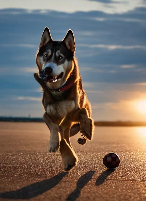 Prompt: a playful brown husky wearing a cap on its head, playing soccer at the beach, Golden hour, bokeh, 4k photo,
