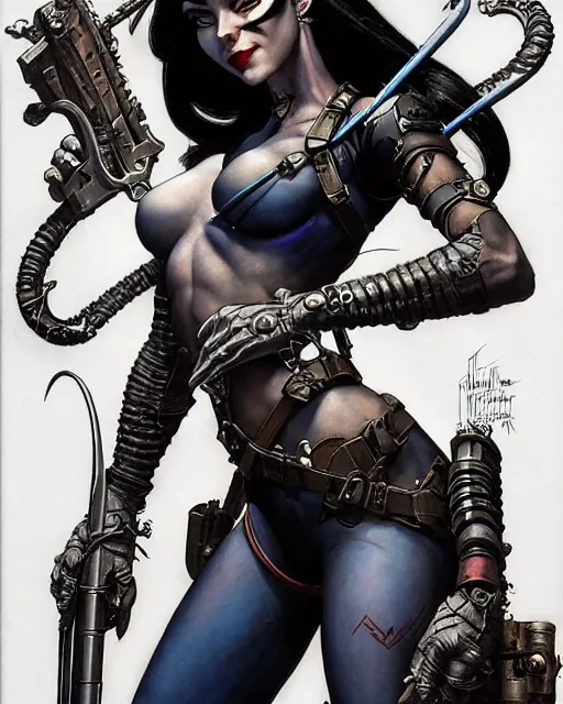 Image similar to widowmaker from overwatch, heavey metal magazine cover, character portrait, portrait, close up, concept art, intricate details, highly detailed, in the style of frank frazetta, esteban maroto, richard corben, pepe moreno, matt howarth, stefano tamburini, tanino liberatore, luis royo and alex ebel