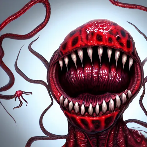 Image similar to realistic, humanoid venom alien, long slimy textured tongue, dripping saliva, mouth with a mouth with a mouth, alien eyes, fangs, thin red glowing veins, grey snake scale skin, cinematic, in a sewer, flashlight lighting, insanely detailed