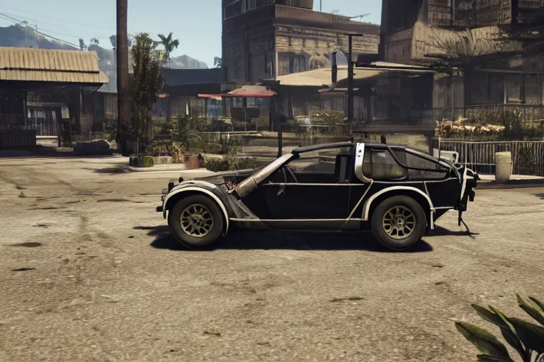 Image similar to photograph of a 1 9 2 2 delorean, by red dead redemption 2, by grand theft auto v