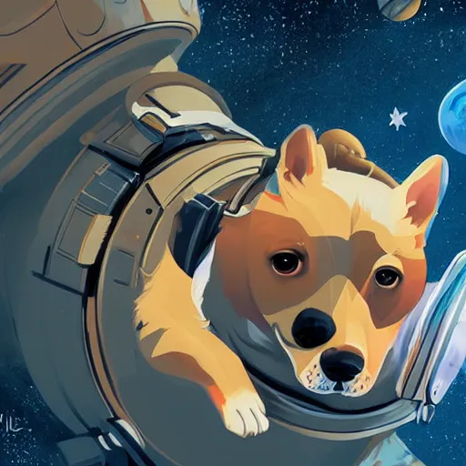 Prompt: a heroic corgi cosmonaut in outer space, detailed digital illustration, concept art, cinematic, starry background, piotr jabłonski