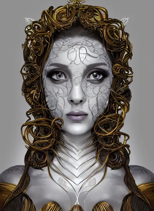 Image similar to professionally-made ultradetailed ornate award winning masterpiece RPG character portrait of beautiful symmetrical art deco Medusa radiating glowing aura, fully clothed with a flowery dress, digital airbrush painting, 3d rim light, hyperrealistic, artstation, cgsociety, kodakchrome, golden ratio, 1985