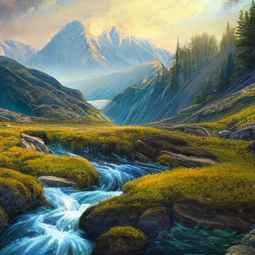 Image similar to a beautiful painting of a scene about a panorama of rivers and mountains, by victo nagi and yuumei and james jean, trending on artstation., ultrawide viewn and highly detailed matte painting - h 6 4 0 - w 1 2 8 0