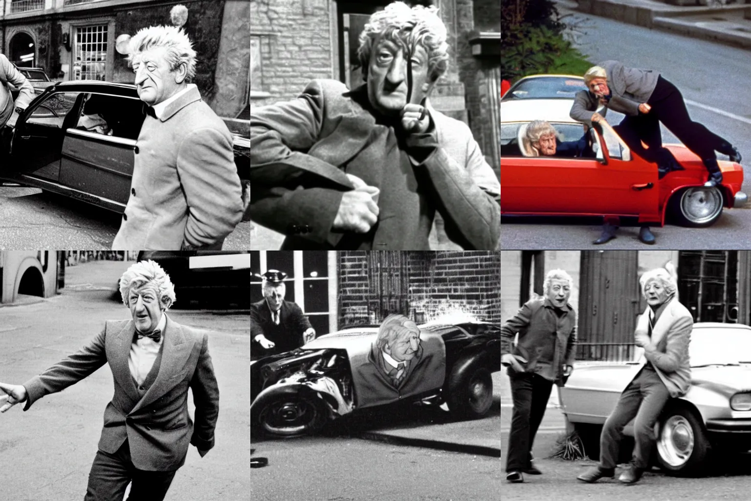Prompt: jon pertwee getting hit by a car