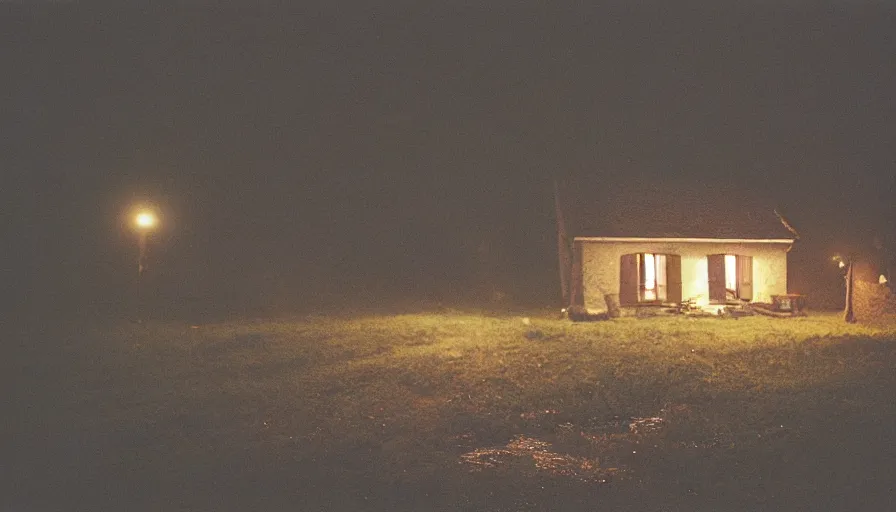 Prompt: 1 9 7 0 s movie still of a heavy burning french style little house in a small northern french village by night, rainy, foggy, cinestill 8 0 0 t 3 5 mm, heavy grain, high quality, high detail, dramatic light, anamorphic, flares