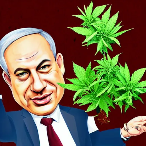Prompt: a caricature of Benjamin Netanyahu holding a giant marijuana plant, detailed face, digital art, highly detailed