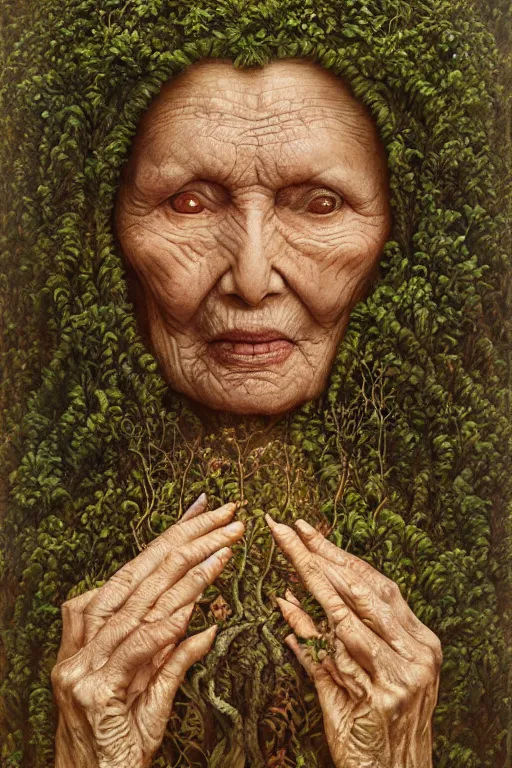 Prompt: intricate stunning highly detailed portrait of baba vanga, 🌱, by agostino arrivabene and vladimir kush, surreal, digital painting, ultra realistic, dramatic lighting, twisted vines, lush plants, pristine water, artstation