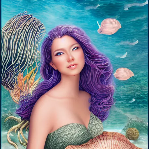 Prompt: detailed matte painting of a beautiful woman with long wavy hair entwined with ocean shells, corals, starfish, pearls, small crab, with the sea and islands in the background by maxine Gadd, 8k resolution, vivid,