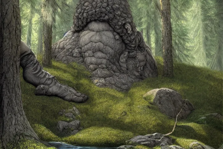 Image similar to huge mountain troll in a swedish forest, very low angle photograph, very detailed, trending on artstation, realistic, soft colors, illustration by john bauer