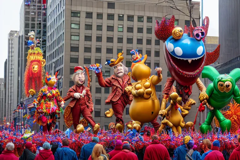 Prompt: photo of giant beautiful elaborate parade float characters designed by geoff darrow!!!! and ( ( ( ( ( ( peter jackson ) ) ) ) ) ), in the macys parade, detailed 4 k photo