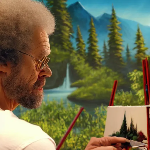 Image similar to a closeup photorealistic photograph of bob ross working on a canvas painting of deadpool. film still. brightly lit scene. mountains and trees. this 4 k hd image is trending on artstation, featured on behance, well - rendered, extra crisp, features intricate detail, epic composition and the style of unreal engine.