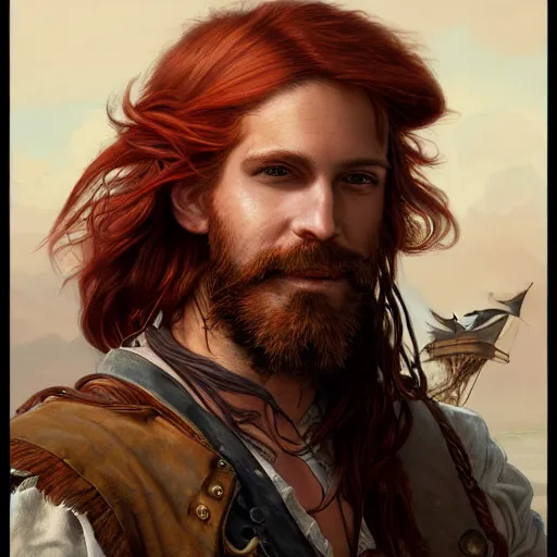 Image similar to rugged playful pirate, 3 0 years old, male, handsome, masculine, red hair, long hair, long beard, soft hair, fantasy, intricate, elegant, highly detailed, steampunk, airship, digital painting, artstation, concept art, character art, smooth, sharp focus, illustration, art by artgerm and greg rutkowski and alphonse mucha