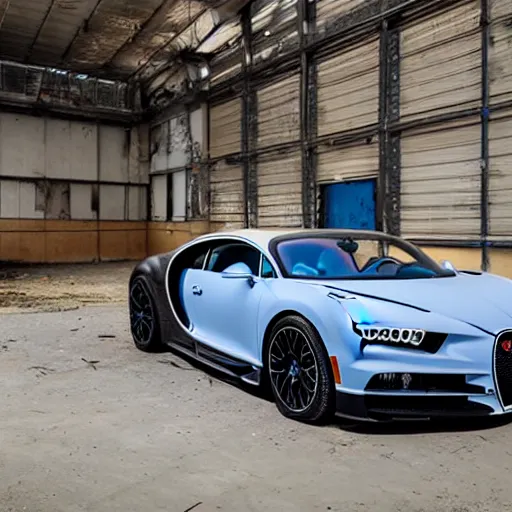 Image similar to an abandoned, derelict, rusty bugatti chiron in a dirty warehouse