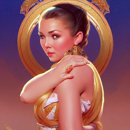 Image similar to wide angle full body portrait of I Dream of Jeannie, with a perfect face and perfect body, intricate, highly detailed, digital painting, artstation, concept art, smooth, sharp focus, illustration, Unreal Engine 5, 8K, art by artgerm and greg rutkowski and alphonse mucha