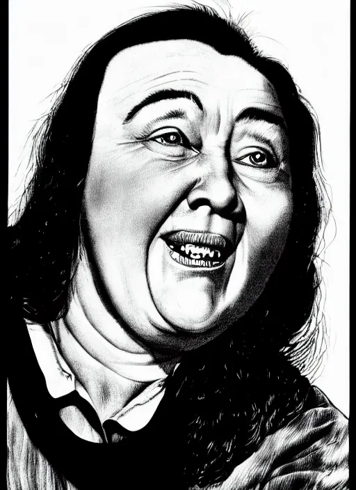 Prompt: Illustration of Annie Wilkes from Misery (1990) by Bill Medcalf, detailed