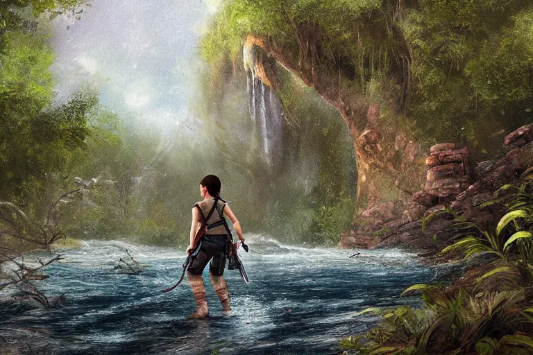 Image similar to wide shot of exhausted Lara Croft climbing out of a roaring ancient river, fireflies by Lilia Alvarado