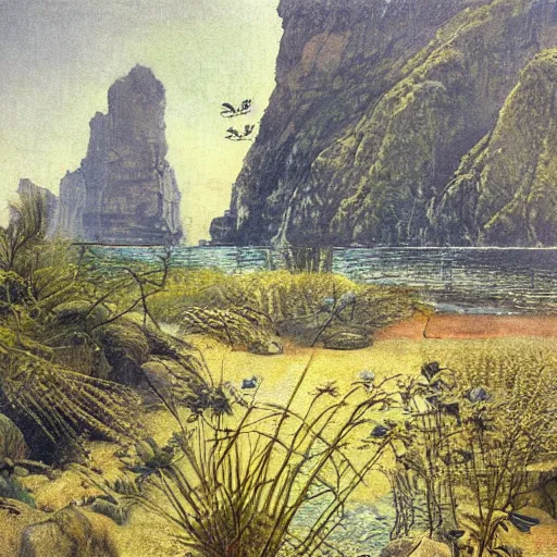 Image similar to painting of a lush natural scene on an alien planet by hans rudolp giger. beautiful landscape. weird vegetation. cliffs and water.