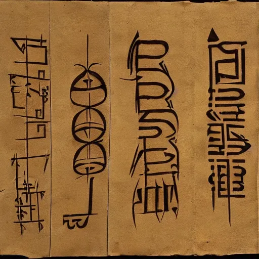 Prompt: an interpretation of glagolitic writing system, papyrus paper, ink