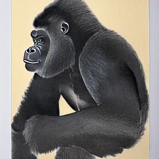 Image similar to japanese ink block painting of a gorilla, 4 k, hyper realistic, dslr, high resolution, landscape, beautiful