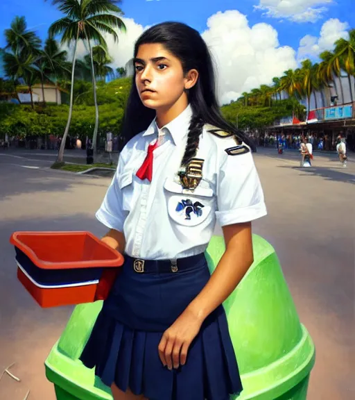 Image similar to portrait of an Italian Mexican teen female schoolgirl wearing a navy and white sepuku uniform and jumping outside a green trashbin in Kalakaua avenue in Waikiki, intricate, elegant, highly detailed, centered, digital painting, artstation, concept art, smooth, sharp focus, illustration, by Peter Mohrbacher, WLOP