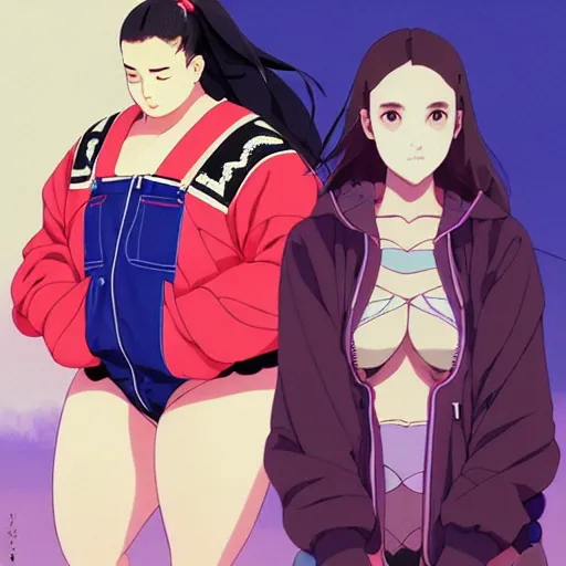 Image similar to a beautiful plus sized model japanese natalie portman, alluring, wearing oversized mayan bomber jacket and leotard with overalls, bulky poofy bomber jacket with mayan patterns, aztec street fashion, gapmoe yandere grimdark, trending on pixiv fanbox, painted by greg rutkowski makoto shinkai takashi takeuchi studio ghibli, akihiko yoshida