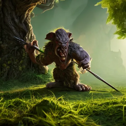 Prompt: goblin throwing a spear and at an ent, dungeons and dragons, fantasy, octane render, highly detailed, artstation, 8 k, cinematic