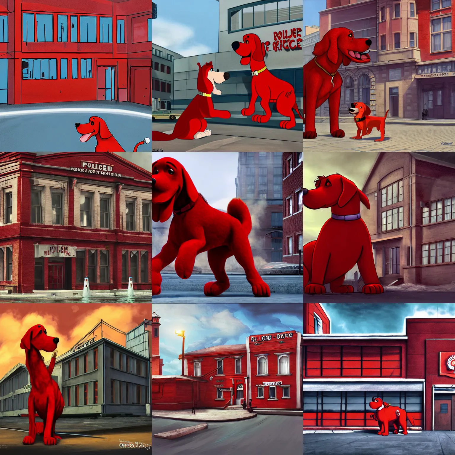 Prompt: Clifford the big red dog eating a police office, ultra realistic, wide shot, digital art, fantasy, concept art, highly detailed