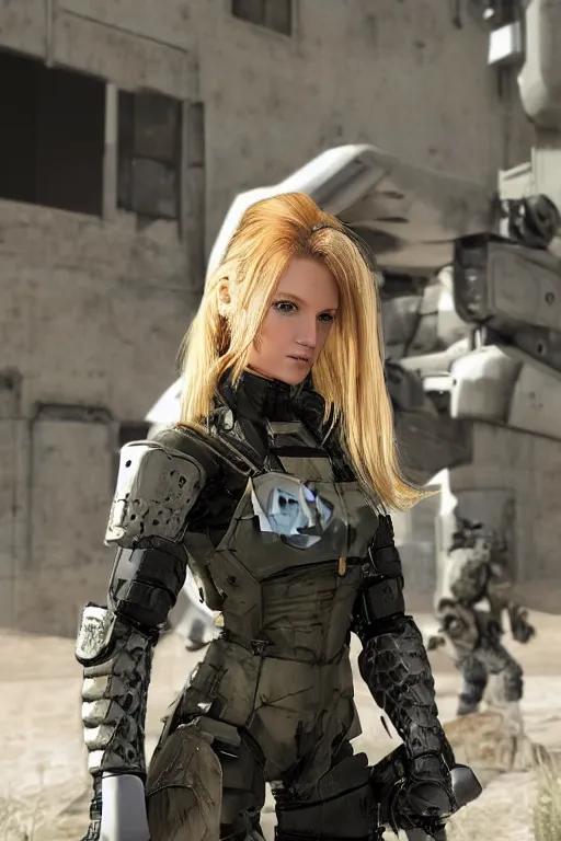 Prompt: portrait photo of beautiful young female, clothed in military armor, long hair blowing in the wind, from metal gear. Future war zone behind her. by Anita Sadowska