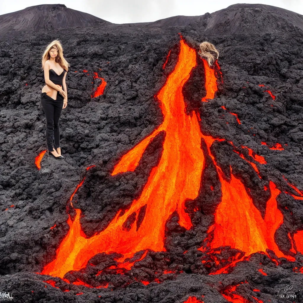 Image similar to fashion portrait in erupting volcano lava. wide angle shot. highly detailed.