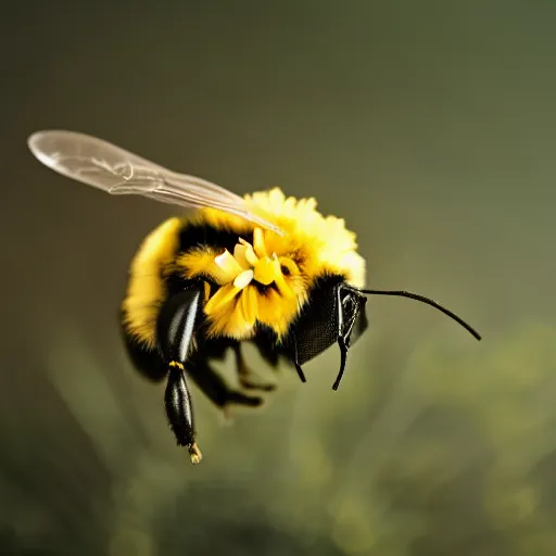 Image similar to surreal composite bumble bee made of flowers, pedicel legs, flower petal wings, siting on a finger, 5 0 mm lens, f 1. 4, sharp focus, ethereal, emotionally evoking, head in focus, volumetric lighting, blur dreamy outdoor