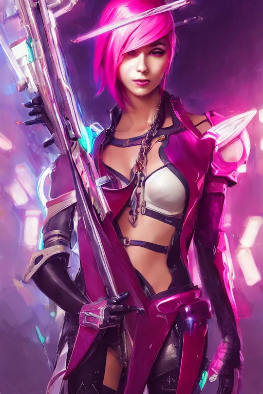 Image similar to fiora from league of legends, cyberpunk futuristic neon. long sword in her hand, decorated with traditional japanese ornaments by ismail inceoglu dragan bibin hans thoma greg rutkowski alexandros pyromallis nekro rene maritte illustrated, perfect face, fine details, realistic shaded, fine - face, pretty face, masterpiece