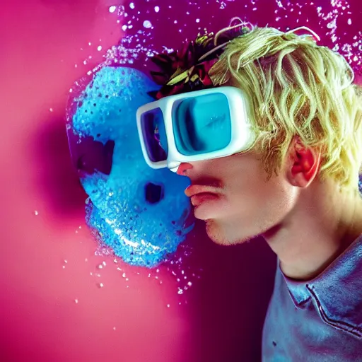 Image similar to close up kodak portra 4 0 0 face portrait photograph of a skinny guy with blonde hair submerged in a tub of milk, aerial view, wearing cyber goggles, flower crown, moody lighting, telephoto, 9 0 s vibe, blurry background, vaporwave colors, dream aesthetic, dreamy aesthetic, faded!,