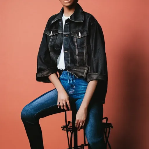 Prompt: realistic photoshooting for a new heliot emil lookbook color film photography portrait of a beautiful woman model, model wears a black paneled denim jacket, photo in style of tyler mitchell