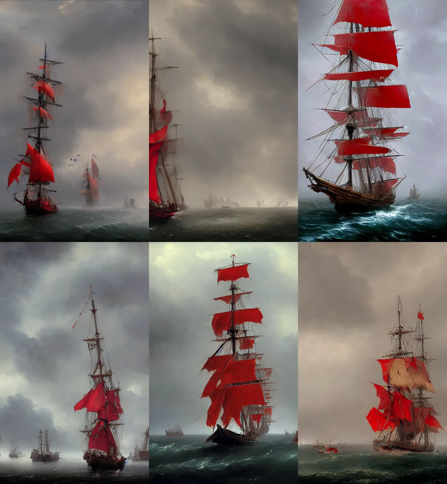 Prompt: a digital concept art of a 1 7 th century galeon with black hull and red sails emerging from the mist and the rain, frontal shot, low angle, long focal length, by craig mullins and raphael lacoste, by ivan aivazovsky