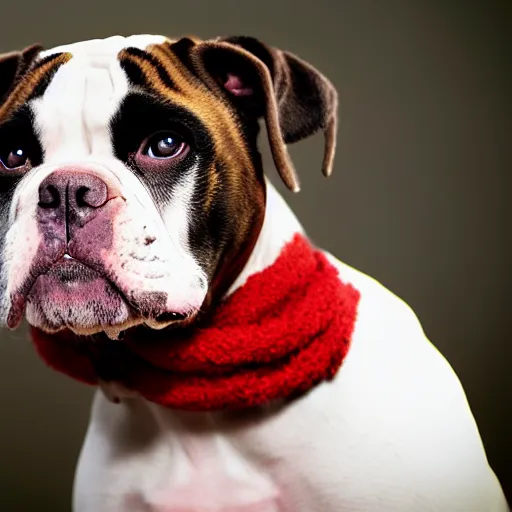 Image similar to portrait of american bulldog as afghan puppy, green eyes and red scarf looking intently, photograph by steve mccurry