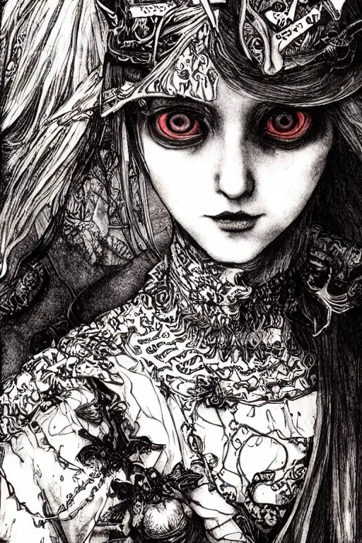 Image similar to Emo Alice in wonderland tarot card , pen and ink, intricate line drawings, by Yoshitaka Amano, Ruan Jia, Kentaro Miura, Artgerm, watercolor