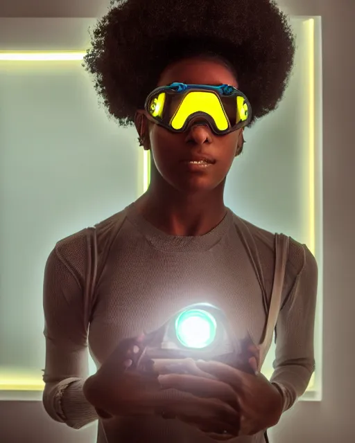 Prompt: centered portrait of soulful young shari headly as a solarpunk humanoid with robotic parts with bright led lights, futuristic goggles, real human face, pudica gesture bouguereau style, in white room, ultra - realistic and intricate, soft portrait shot 8 k