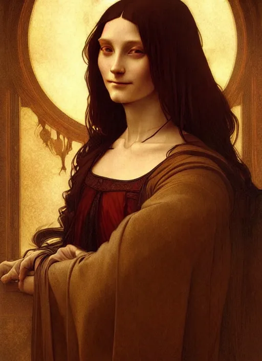 Image similar to portrait of leonardo da vinci, fantasy, intricate, elegant, highly detailed, digital painting, artstation, concept art, smooth, sharp focus, illustration, art by artgerm and greg rutkowski and alphonse mucha