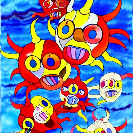 Image similar to Three bright red demons flying up from a desert canyon in the style of Takashi Murakami, highly detailed, watercolor background, Kids See Ghosts