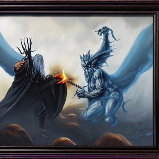 Prompt: gandalf fighting a balrog, dark atmosphere, dark cave lighting, fantasy generation, oil painting framed