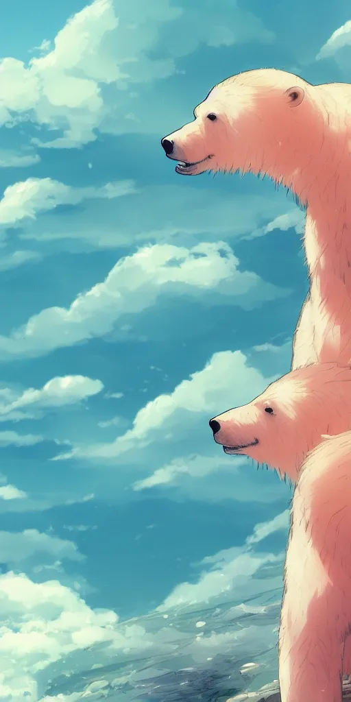 Image similar to A beautiful illustration of a polar bear, salmon, beautiful woman, wide angle, by makoto shinkai, Wu daozi, very detailed, deviantart, 4k vertical wallpaper, tropical, colorful, airy, anime illustration, anime nature wallpap