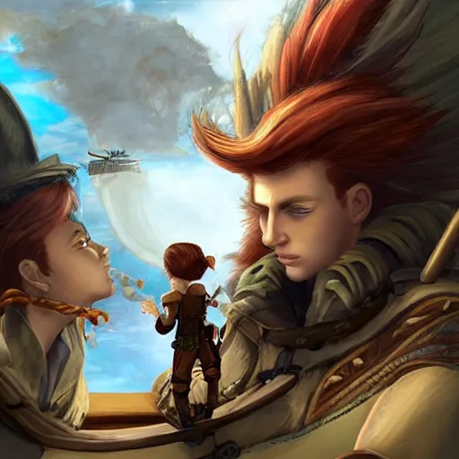 Image similar to A sky-pirate with long red hair meeting a young boy thief with blonde hair on an airship, epic fantasy art style